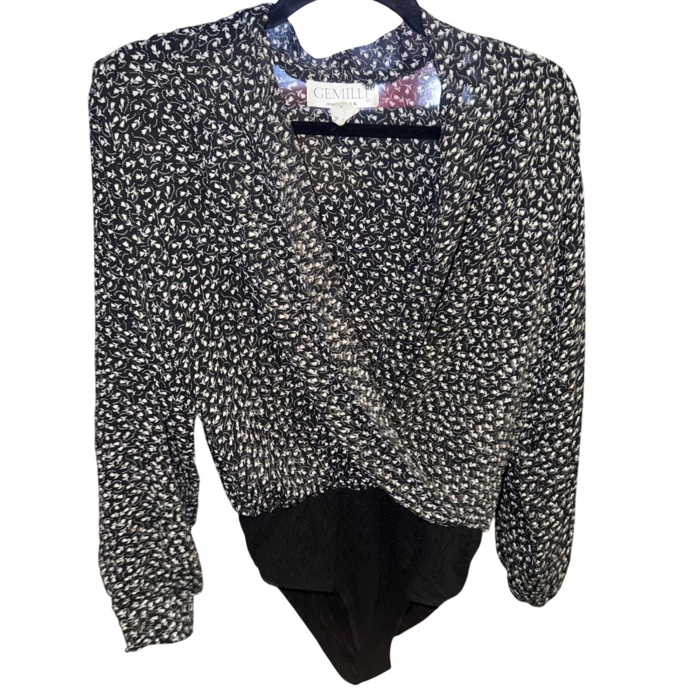 Gemilli Vintage Long Sleeve Bodysuit Black White Floral Wrap Front Made in USA M